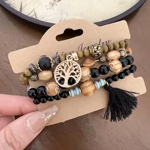 Retro ethnic multilayer beaded bracelet with Tree of Life charm and black tassel