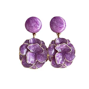 Elegant vintage purple flower enamel drop earrings with marbled oil-dripping texture.