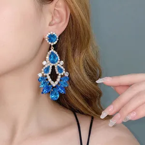 Exquisite blue crystal water drop tassel earrings in luxury vintage palace style