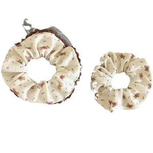 Korean style floral and bear pattern scrunchies set for women high elasticity hair ties