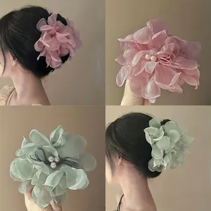 3D Flower Fabric Hair Claw Clip With Artificial Pearl Elegant Mesh Shark Clip For Women Summer Fresh Hair Accessories