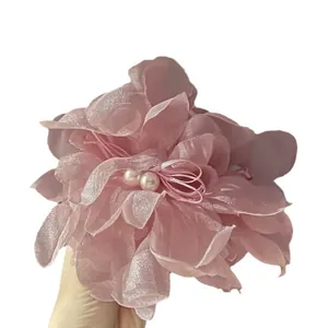 Elegant 3D pink organza flower hair claw clip with pearl accents for women summer style