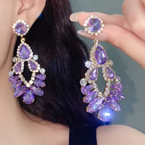 Luxury elegant purple teardrop tassel earrings with crystal hollow geometric design for women