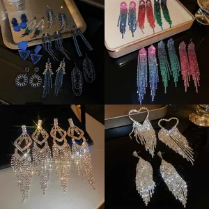 Luxury Copper Rhinestone Water Drop Tassel Earrings With Silver Earring Post For Women Fashion Jewelry Accessories