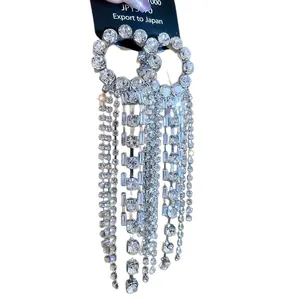 Elegant silver needle rhinestone fringe earrings with long dangle waterdrop design for women