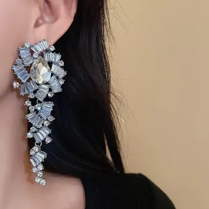 Gedetailleerde weergave van elegante grote strass oorbellen op een fotomodel
