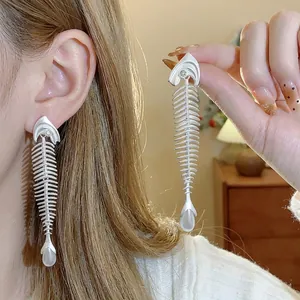 Unique Fish Skeleton Pearl Drop Earrings For Women Alloy Rhinestone Earrings With 925 Sterling Silver Earring Post Jewelry