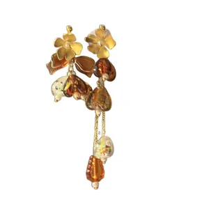 Elegant vintage gold flower dangle earrings with amber-toned glass beads for women