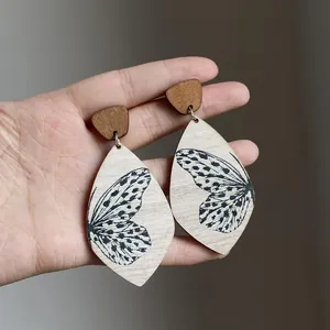 Bohemian Vintage Wooden Teardrop Earrings For Women Butterfly Print Design Silver Earring Post Ethnic Summer Resort Jewelry Accessory
