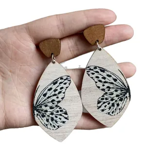 Bohemian teardrop wooden earrings with butterfly print and silver needles