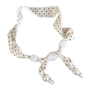 Elegant polka dot fabric choker necklace with white beads and stylish pearl accents