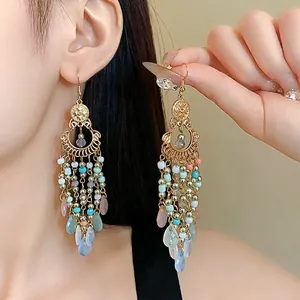 Bohemian Vintage Long Tassel Drop Earrings Gold Geometric Multicolor Artificial Crystal Beads Pendants for Women Jewelry