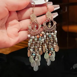 Bohemian long tassel earrings with crystal beads and colorful teardrop stone pendants
