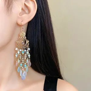 Vintage Bohemian style long tassel earrings with colorful crystal beads for women