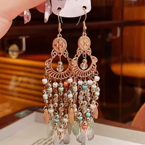 Bohemian vintage long dangle earrings with colorful beads and crystal tassels.