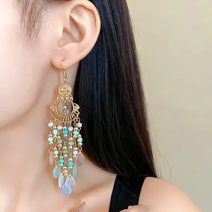 Bohemian style long tassel drop earrings with colorful crystal rice beads for women