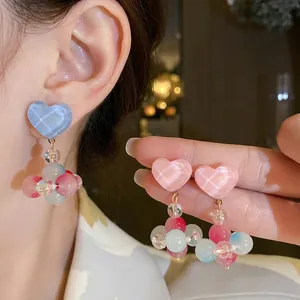 Sweet Lampwork Glass Heart Flower Drop Earrings 925 Sterling Silver Earring Post Cute Colorful Beaded Dangle Earrings Women Jewelry