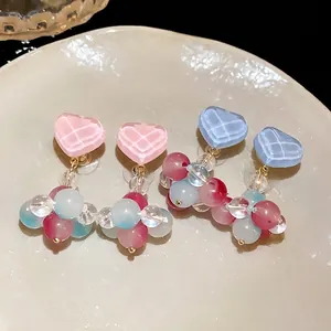 Sweet heart-shaped earrings with colorful glass beads and silver pins for women