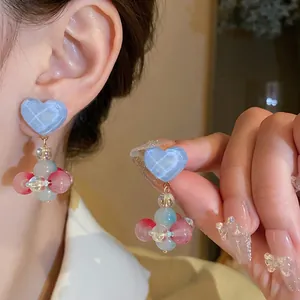 Sweet light blue heart glass drop earrings with colorful beads and silver needles