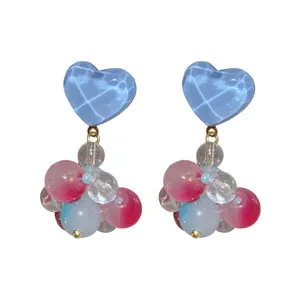 Sweet heart earrings with colorful glass beads and S925 silver needle for women