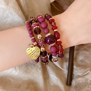 Vintage multi-layer beaded bracelet set with heart pendant and purple acrylic stones
