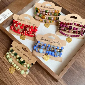 Retro ethnic style multi-layer beaded bracelet sets with heart pendants in various colors