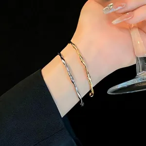 Simple Alloy Geometric Twisted Open Bangle For Women Korean Style Gold Silver Plated Hammered Texture Adjustable Bracelet Jewelry Gift
