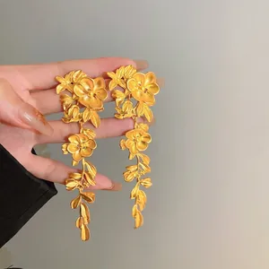 Vintage Gold Long Tassel Flower Leaf Stud Earrings With 925 Sterling Silver Earring Post Matte Metal Retro Jewelry For Women