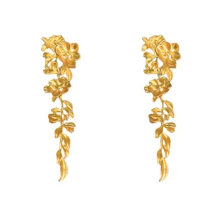 Elegant gold floral leaf tassel drop earrings with a vintage matte finish jewelry