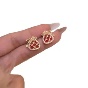 Elegant gold plated New Chinese style red fortune bag stud earrings with zircon and pearls