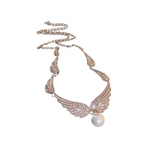Elegant fashion winged rhinestone necklace with white pearl drop pendant for women