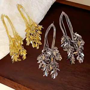 Elegant gold and silver leaf tassel drop earrings with light luxury wheat spike design