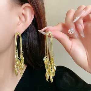 Elegant gold leaf wheat tassel earrings for women with high-end aesthetic design
