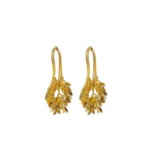 Elegant golden leaf and wheat ear tassel drop earrings with hypoallergenic silver needles