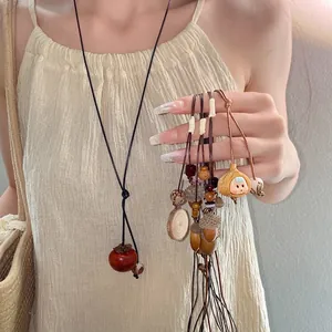 Nuovo Stile Cinese Etnico Collana Con Ciondolo Vintage Grani di Legno Corda di Cera Cachi Ghianda Gioielli Fatti a Mano Collana da Donna