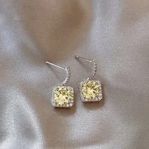 Luxury 18K Gold Plated Copper Square Zirconia Drop Earrings With 925 Sterling Silver Earring Post For Women Elegant Jewelry