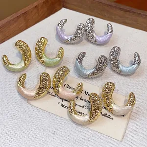 C-Shaped Wrinkled Metal Stud Earrings With 925 Sterling Silver Post Alloy Drip Oil Geometric Fashion Women's Jewelry