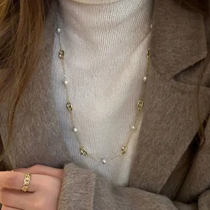 Korean Style Vintage Long Artificial Pearl Necklace Elegant Alloy Sweater Chain High-End Jewelry For Women Gift