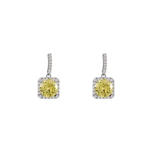Elegant 18K silver-needle square halo earrings featuring radiant yellow zircon stones