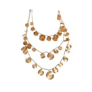 Gold multi-layered necklace with hammered wrinkled circular disc pendants for women