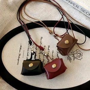 Retro leather mini pouch necklace charms for coins or earphones in three classic colors