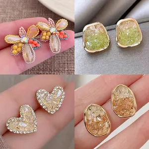 Vintage Artificial Crystal Flower Geometric Heart Stud Earrings With Silver Earring Post Korean Fashion Elegant Women Jewelry