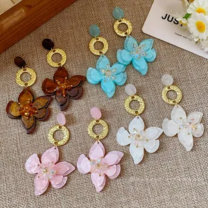 Vintage Resin Flower Pendant Earrings Alloy Hammered Gold Ring Rhinestone Drop Earrings Silver Earring Post Jewelry For Women