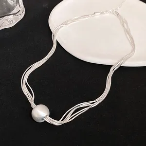 Detailed macro view of multi-strand silver necklace with a large metallic sphere pendant