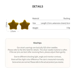 Yellow star flocked stud earrings detail with material and size measurements info