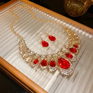 Exaggerated luxury red water drop rhinestone necklace and earrings jewelry set for women