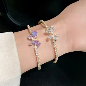 Bracelet Ouvert Papillon Élégant en Cuivre et Zirconia Plaqué Or Jonc avec Strass pour Femme Bijoux de Main de Mode de Luxe