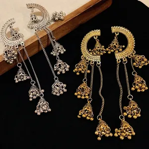 Vintage ethnic palace style long tassel jhumka drop earrings in gold and silver finish