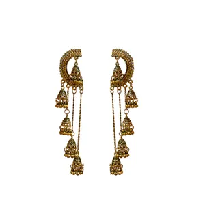 Vintage gold palace style long tassel earrings with jhumka bell dangles for women