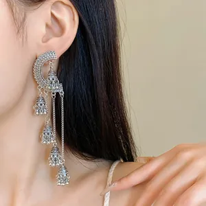 Detailed close-up showing retro silver Jhumka tassel earrings worn by an Asian model